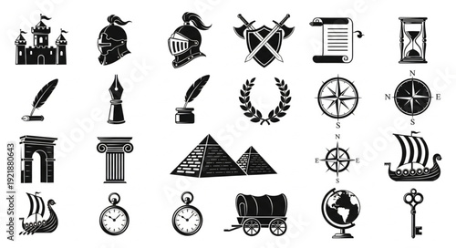 Collection of historical icons and symbols representing different eras.