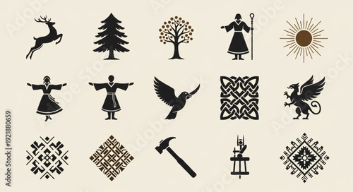 Collection of stylized graphic icons and symbols.