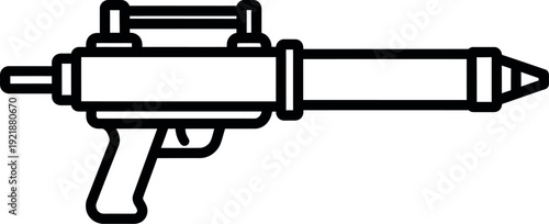 Simple black outline icon representing a futuristic science fiction ray gun or stylized handheld energy weapon for game assets or graphic design projects