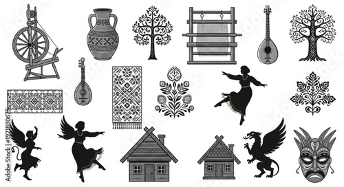 Collection of Traditional Folk Art Illustrations and Motifs.