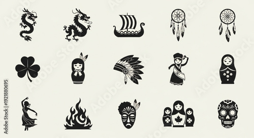 Collection of cultural symbols and icons in black silhouette.