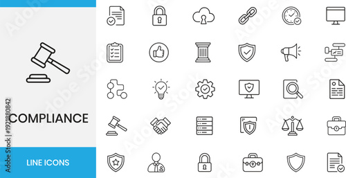 Compliance and legal line icons set. Law, security, regulations, and corporate justice vector illustration