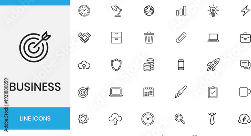 Business and corporate line icons set. Office equipment, strategy, finance, and professional management vector illustration
