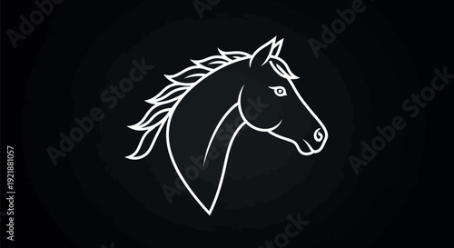 Majestic silver line art illustration depicting a powerful horse head profile centered on a dark black textured background suitable for logo design concepts or equestrian themes.
