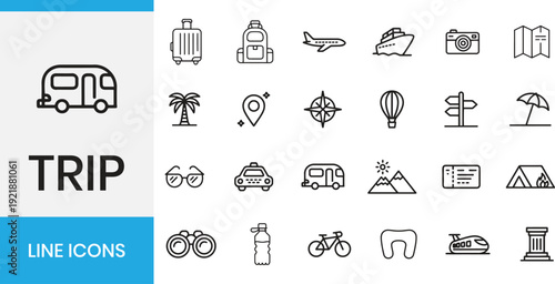 Travel and trip line icons set. Transportation, vacation equipment, luggage, and holiday tourism vector illustration