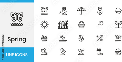 Spring gardening and nature line icons set. Butterfly, flowers, garden tools, and outdoor weather vector illustration