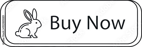 Simple line art graphic featuring a cute bunny icon next to a clear and concise call to action text box reading buy now for instant purchasing.