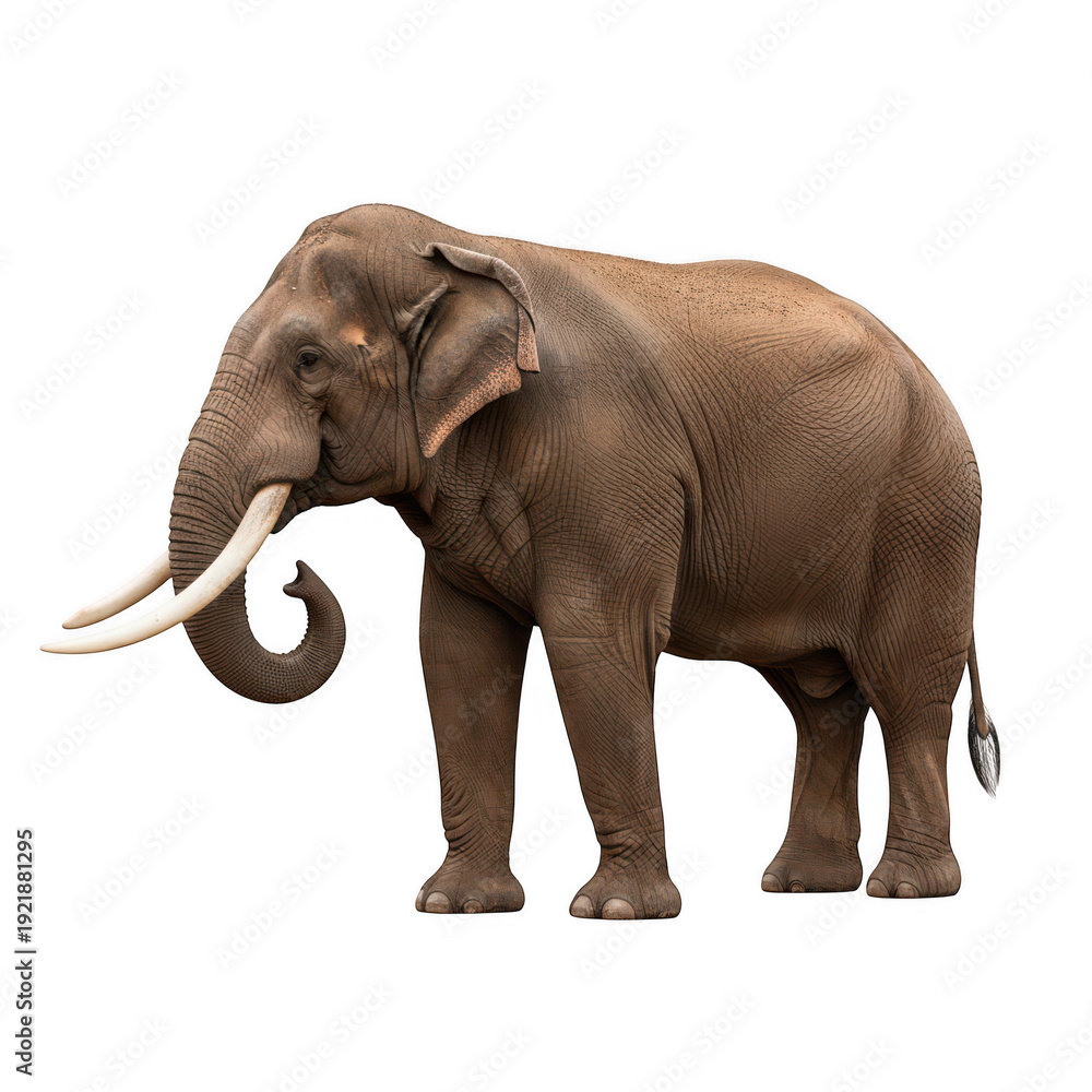 Fototapeta premium A large brown elephant with tusks standing on a white background