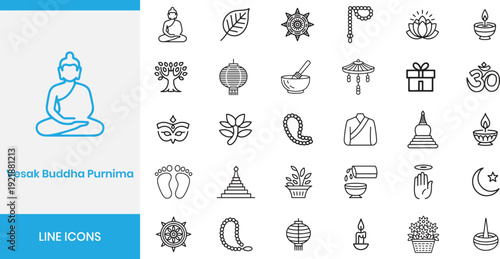 Vesak Buddha Purnima line icons set. Buddhist religious celebration, enlightenment, and zen spiritual symbols vector illustration
