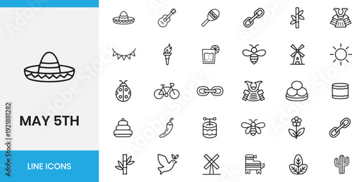 May 5th Cinco de Mayo line icons set. Mexican heritage celebration, traditional fiesta, and cultural symbols vector illustration