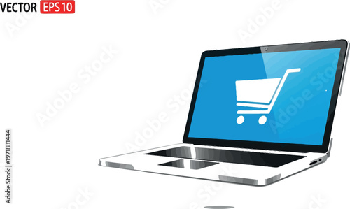 Sleek silver laptop displaying a white shopping cart icon on a vibrant blue screen symbolizing online retail and internet commerce transactions available globally.