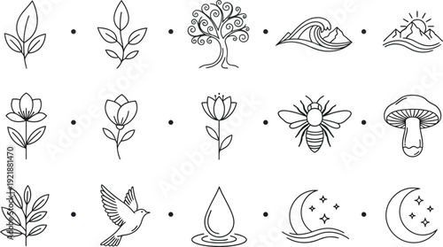 Collection of fifteen minimalist nature inspired line art icons representing organic elements like foliage flowers celestial bodies water and various wildlife symbols