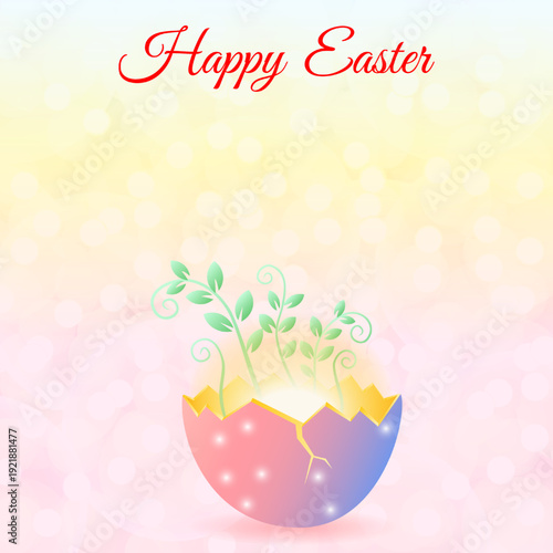 Happy Easter square vector illustration featuring the concept of rebirth with a plant growing from a cracked eggshell and copy space for text.