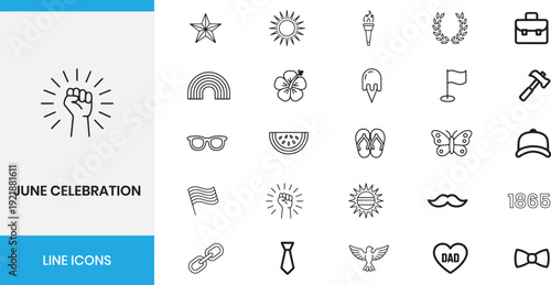 June Celebration line icons set. Juneteenth freedom day, African American history, summer holiday, and community symbols vector illustration