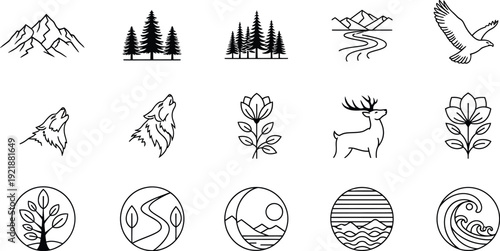 Collection of minimalist black and white line art icons featuring various outdoor nature elements like mountains forests wolves deer eagles flowers landscapes and ocean waves for design projects