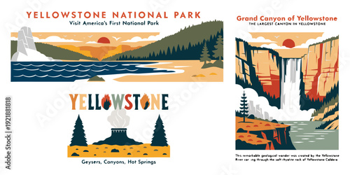 USA, US, U.S, United States - Yellowstone National Park Posters – Retro Geyser & Canyon Art, Vintage Yellowstone Landscape Prints, America’s First National Park Illustrations
