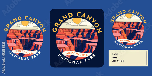 USA, US, U.S, United States - Grand Canyon National Park Stickers – Retro Canyon Landscape Badges, Arizona Travel Decals, Vintage Sunset Canyon Art
