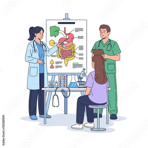 Medical team explains digestive system anatomy to patient using diagram and microscope