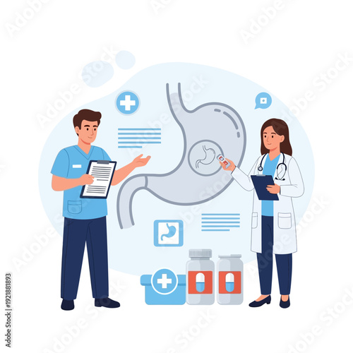 Medical Team Examining Stomach Anatomy with Medical Instruments and Pills