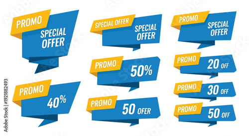 Collection of blue and yellow promotional offer stickers on a white background.