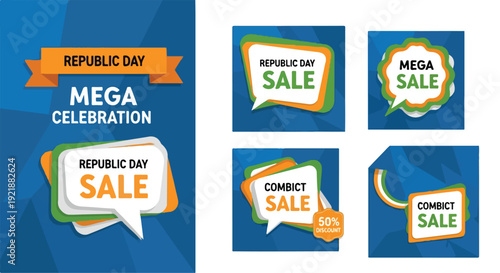 Collection of blue and orange Republic Day sale banners and stickers on a white background