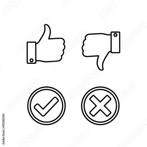 Thumb up and down like, dislike, correct, wrong, true, false sign vector icon set