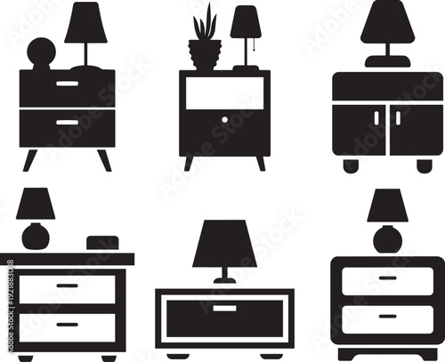 Bedroom Furniture Silhouettes: A curated collection of stylish bedside tables and furniture silhouettes, each adorned with a classic lamp. Ideal for design mockups.