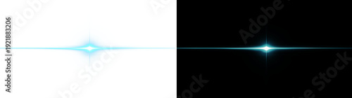 Abstract glowing light blue line with central starburst, neon laser beam divider, futuristic design element isolated on transparent background