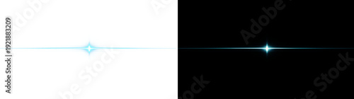 Abstract glowing light blue line with central starburst, neon laser beam divider, futuristic design element isolated on transparent background