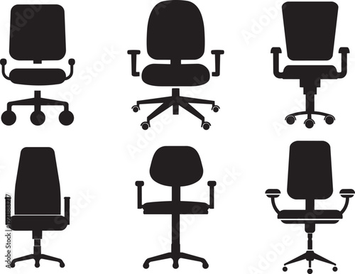 Office Chair Designs: A sleek collection of office chair silhouettes showcases a range of contemporary ergonomic designs, highlighting functional office furniture in a modern workspace.