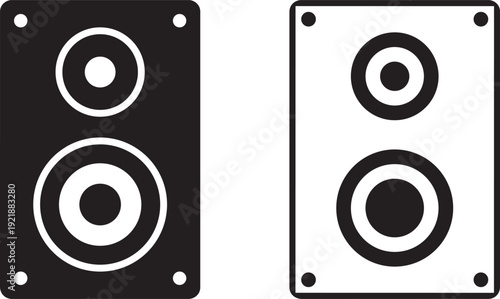 Sound Speaker Icon Set: A minimalistic illustration of two speaker system icons, showcasing their design in both positive and negative space variations.