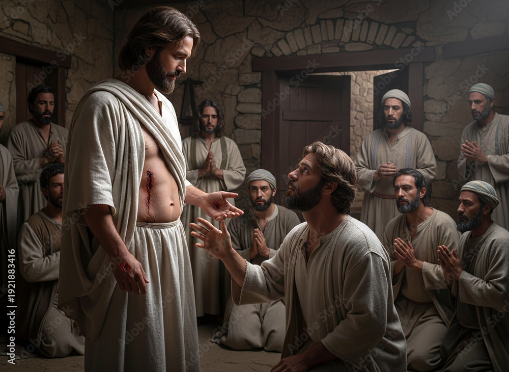 Fototapeta premium Gospel Bible NT Images – The resurrected Jesus convinces Doubting Thomas by showing him his wounds