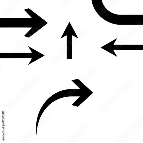 Collection of black arrows pointing in multiple directions for wayfinding and motion logic