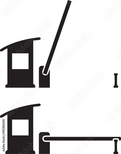Security gate and booth : Depicting an automated security gate with an attendant booth, which symbolizes access control and entry points, with one in the open position and the other closed.