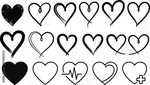 Illustration of set of various handdrawn heart icons and symbols in black outline and solid fill