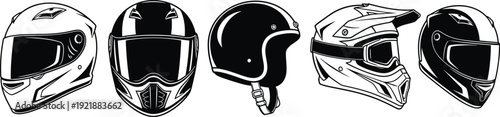 Illustration of set of five motorcycle and motocross helmet styles outline vector icons