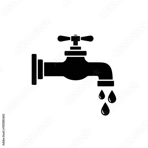 Water tap with falling drops icon, plumbing faucet, water conservation symbol, liquid drop