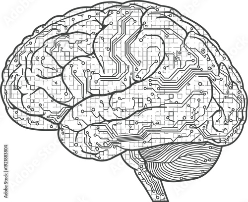 Human brain illustration combined with electronic circuit design elements