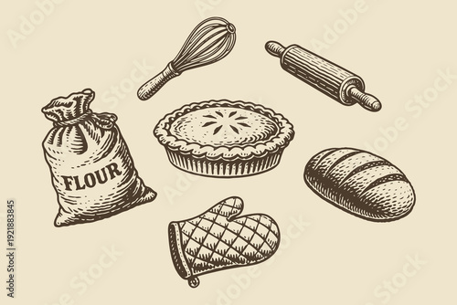 Baking tools and bread vintage engraving style vector illustration