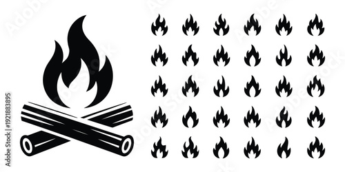 Bonfire flame vector illustration, campfire with logs and set of fire icons