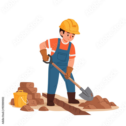 Construction worker digging narrow trench for utilities