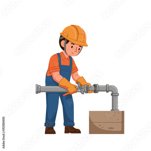 Construction worker connecting pipes with coupling during installation
