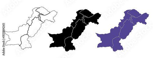 Set of vector maps of Pakistan with prefecture boundaries in three styles.