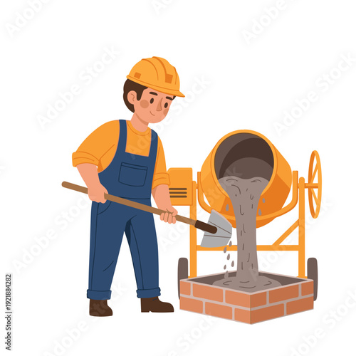 Construction worker pouring concrete from mixer chute at building site