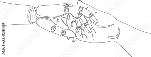 Robot hand interacting with human hand in a continuous line drawing