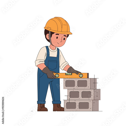 Builder leveling concrete block wall during masonry work