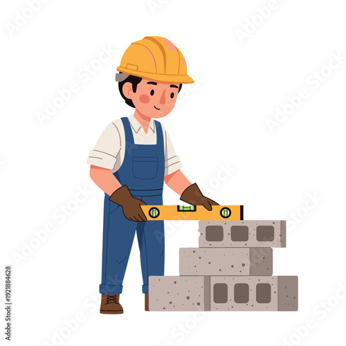 Construction worker checking concrete blocks alignment with spirit level