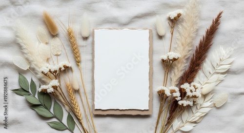 Blank invitation card mockup surrounded by elegant dried floral arrangements on natural fabric background