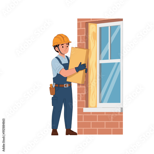 Construction worker installing insulation panel on exterior wall