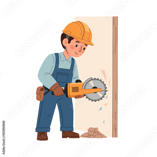 Construction worker cutting wall channel for electrical wiring